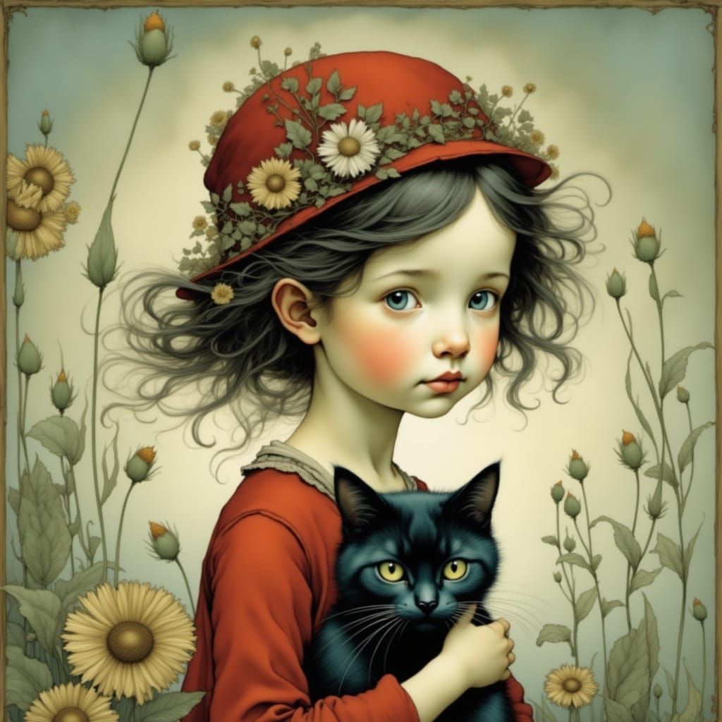 Delicate Whimsy: A Gentle Girl Surrounded by Feline Friends