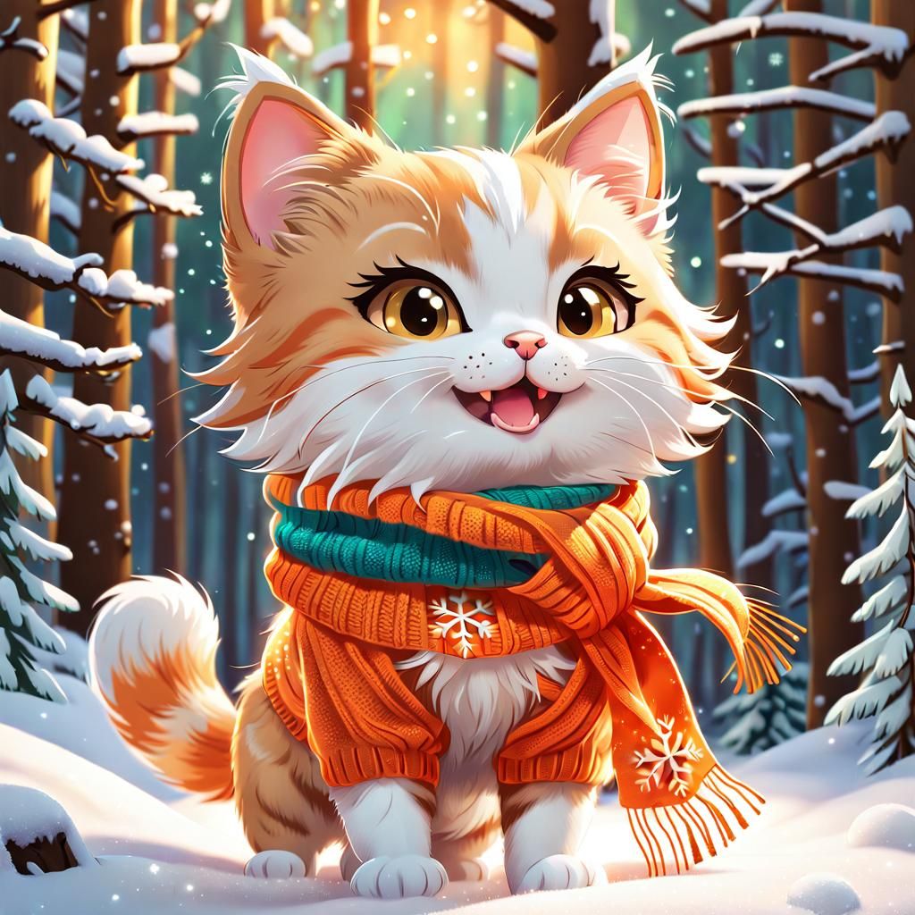 Happy Chibi Cat in Winter Wonderland