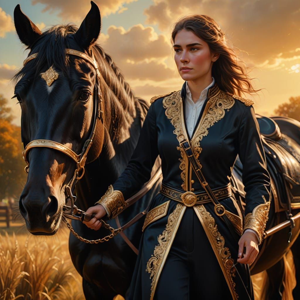 Slim tall horsewoman holding a giant black cart horse