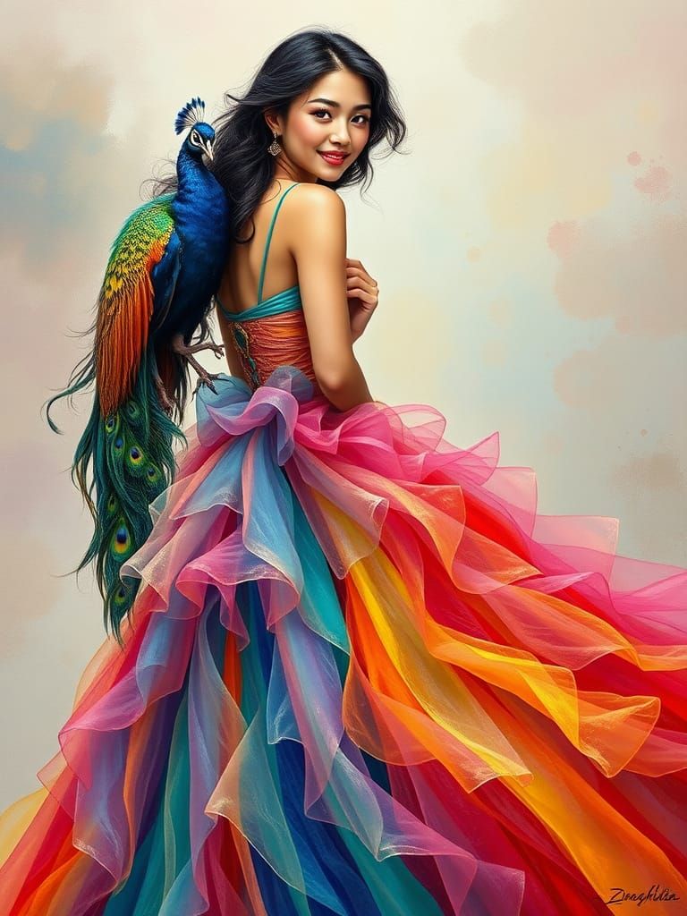 Stunning Woman in Rainbow Gown with Peacock, Neo-Impressioni...