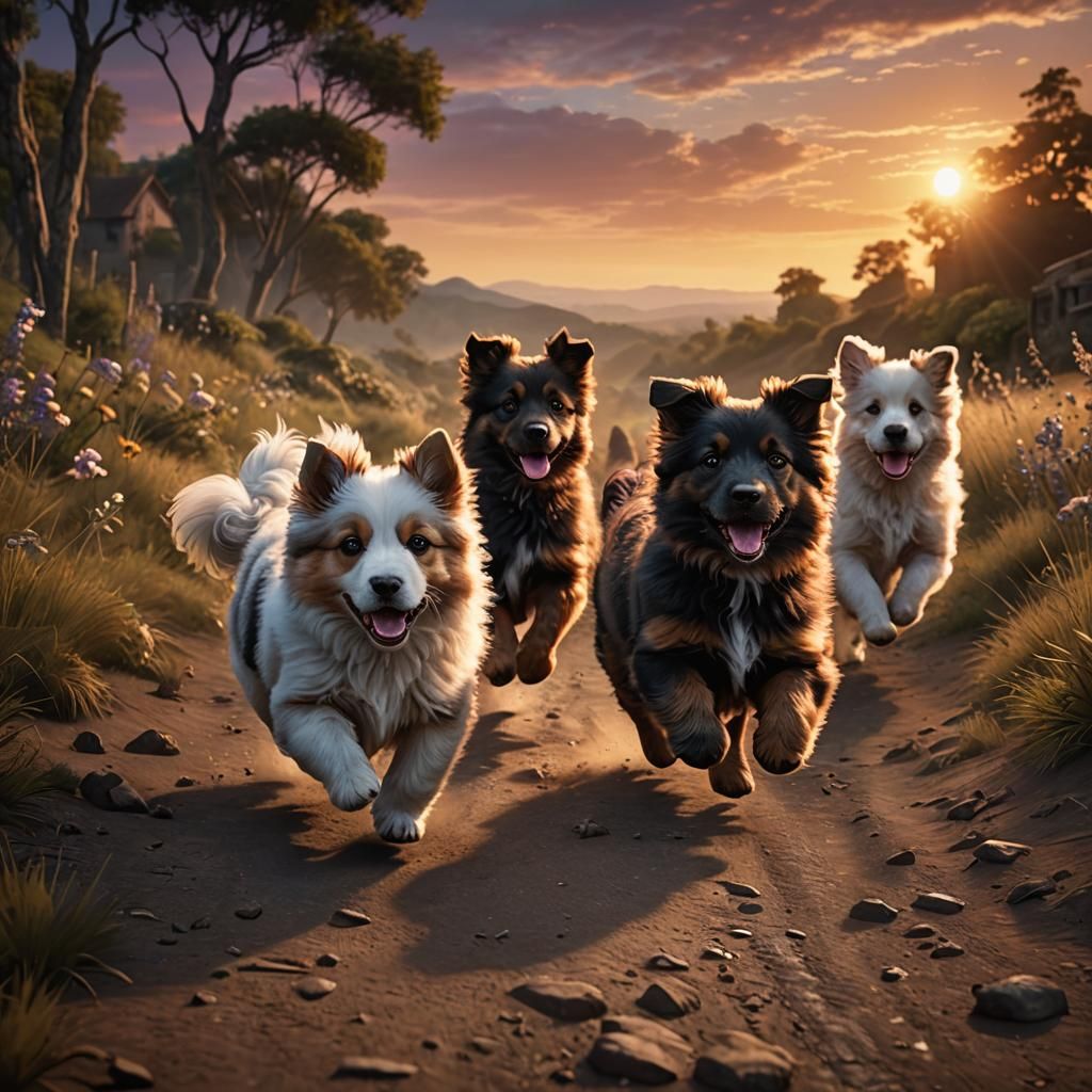 Fluffy Puppies Running at Sunset: Detailed Digital Art