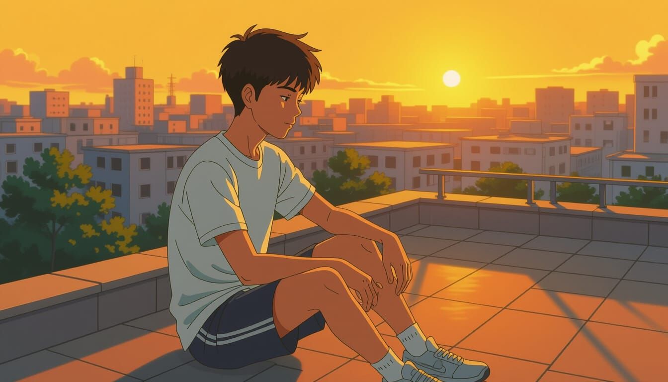 Teenage Boy on Rooftop at Sunset in Anime Style