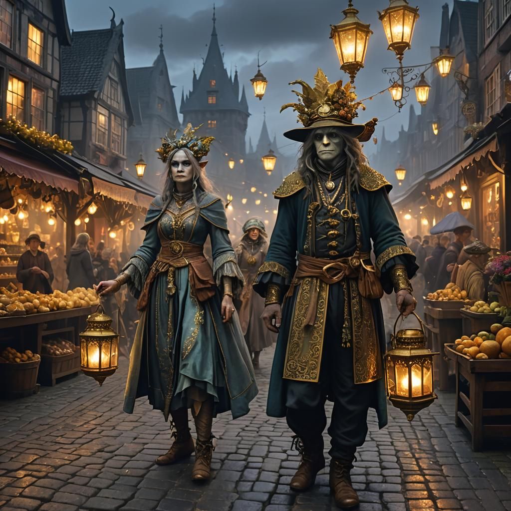 Fae Folk Shop on Cobblestone Street in Dark Fantasy Style