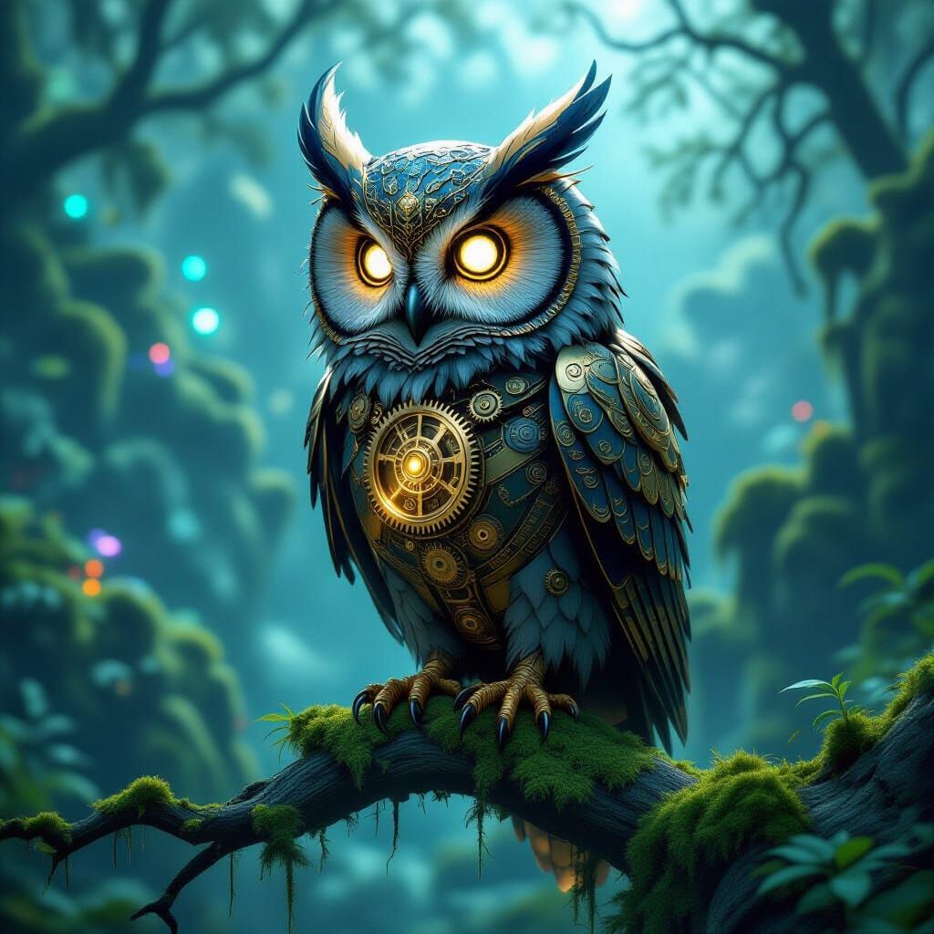Clockwork Owl Over Bioluminescent Valley in Steampunk Style