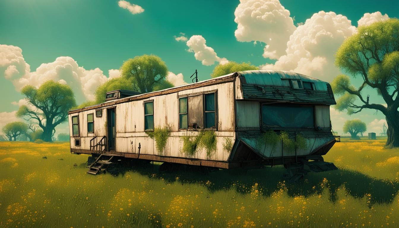 Cyberpunk Mobile Home in Overgrown Field