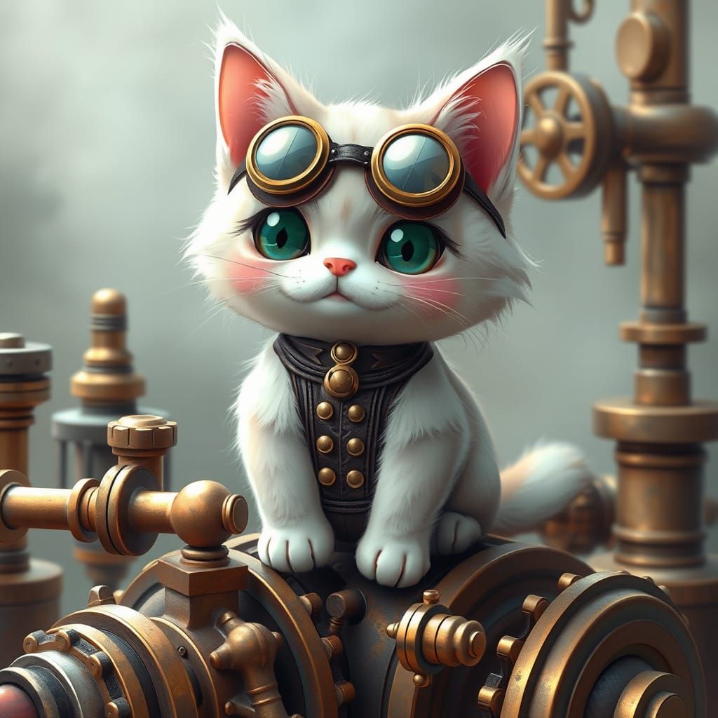 Steampunk Chibi Cat with Brass Goggles and Steam Engine
