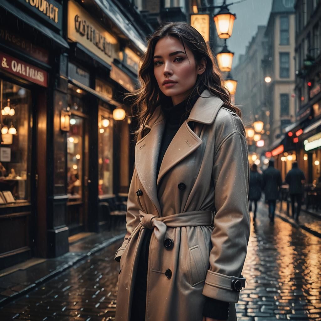 Woman in Long Coat Waiting at Restaurant, Cinematic Still