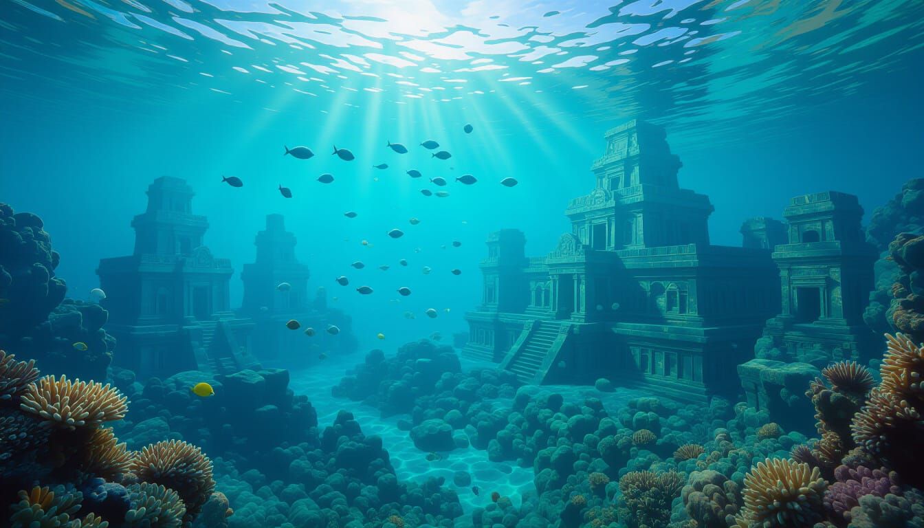 Lost Underwater City Metropolis in Turquoise Ocean