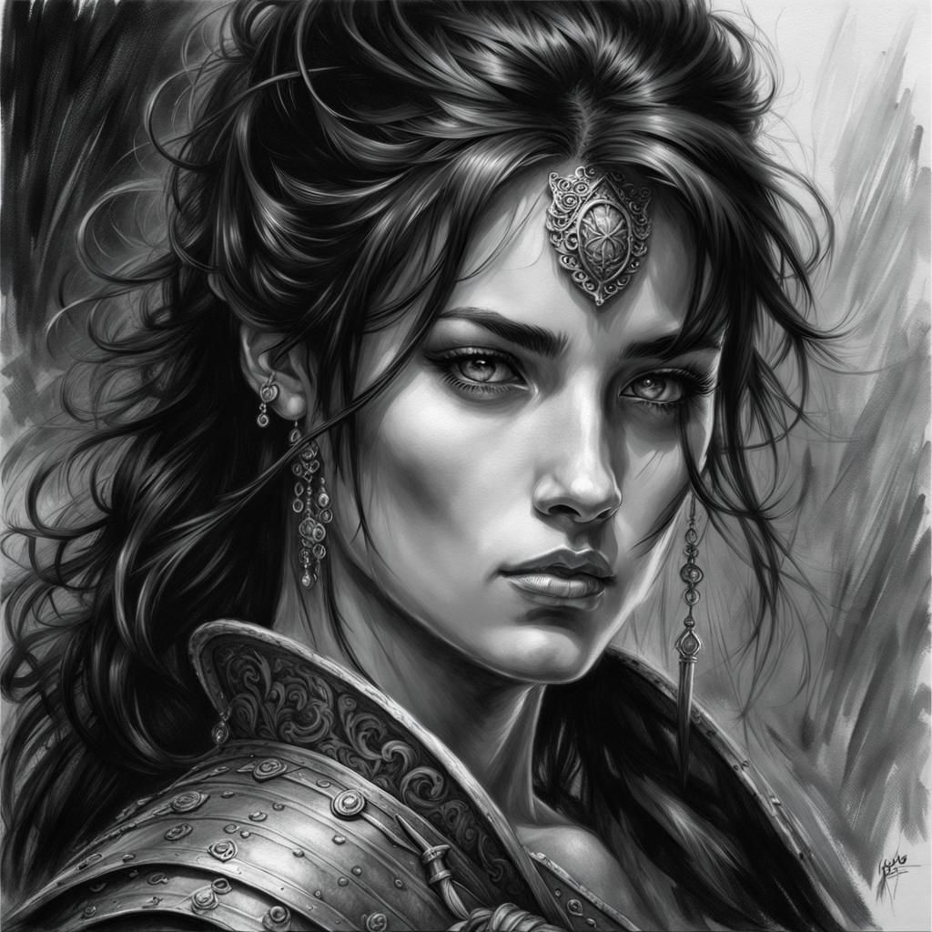 Detailed Grayscale Portrait of Dark-Haired Swordsman