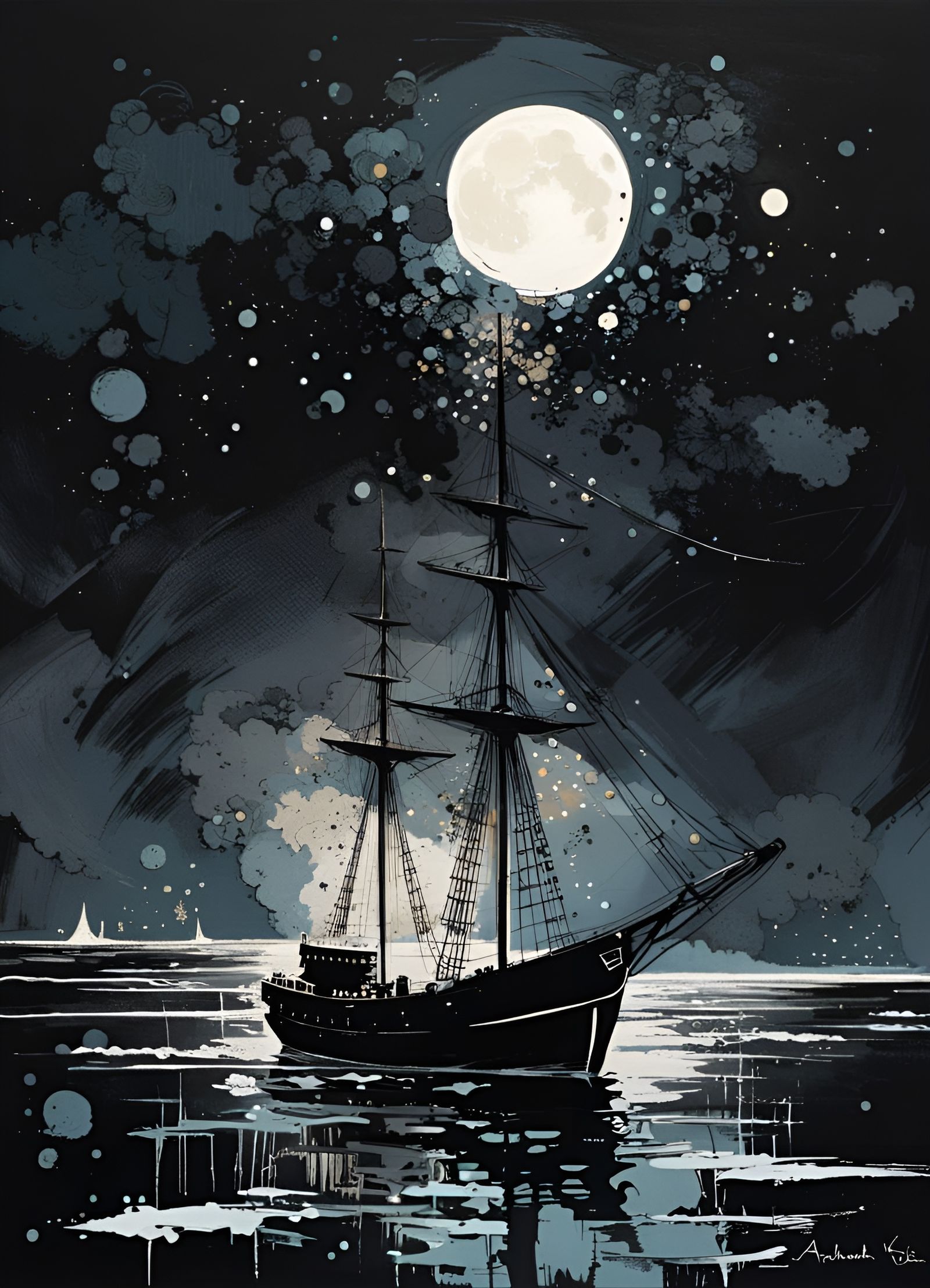 Moonlit Ship on Black Canvas: Minimalist Cel-Shaded Art