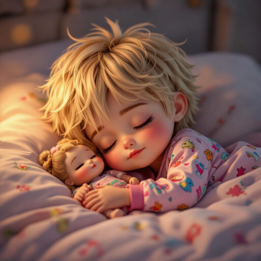 Chibi Child Sleeping Peacefully in Cozy Bed