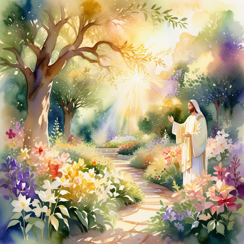 Christ in Garden: Dreamy Watercolor Spiritual Realism