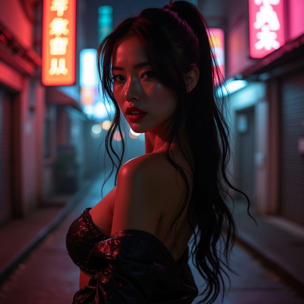 Sultry Digital Muse in Neon Alleyway