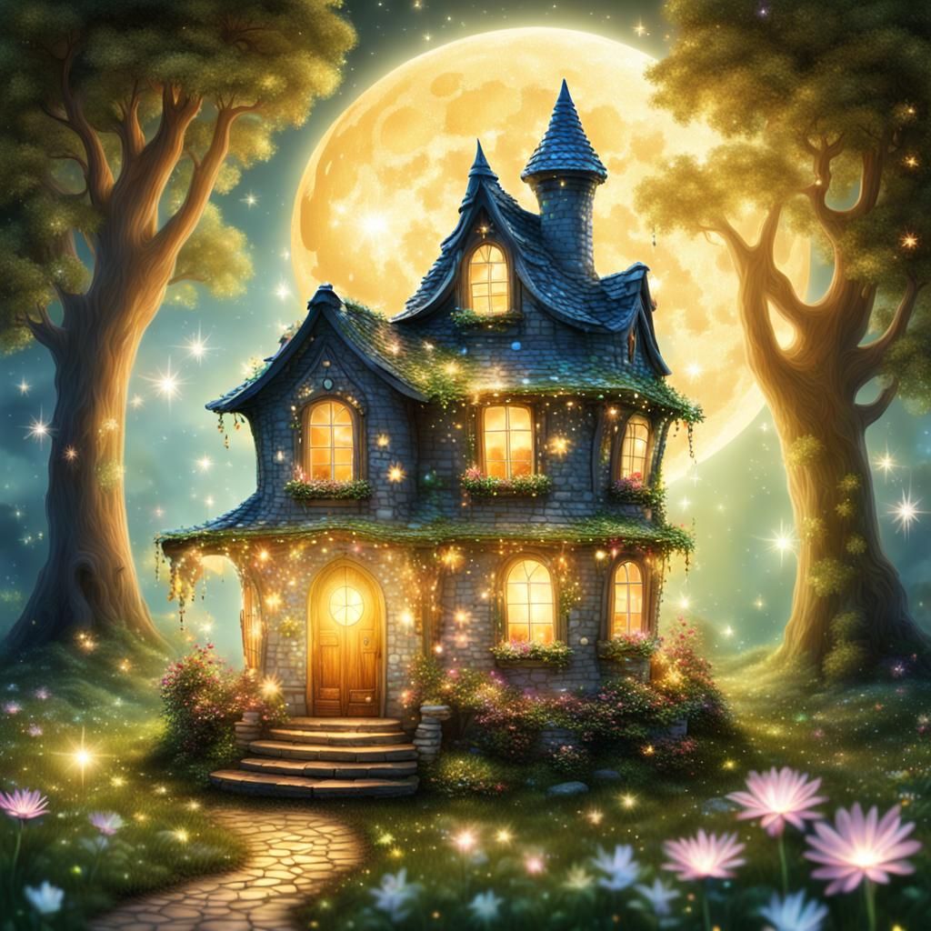 Sparkling Fairy House Bathed in Moonbeams
