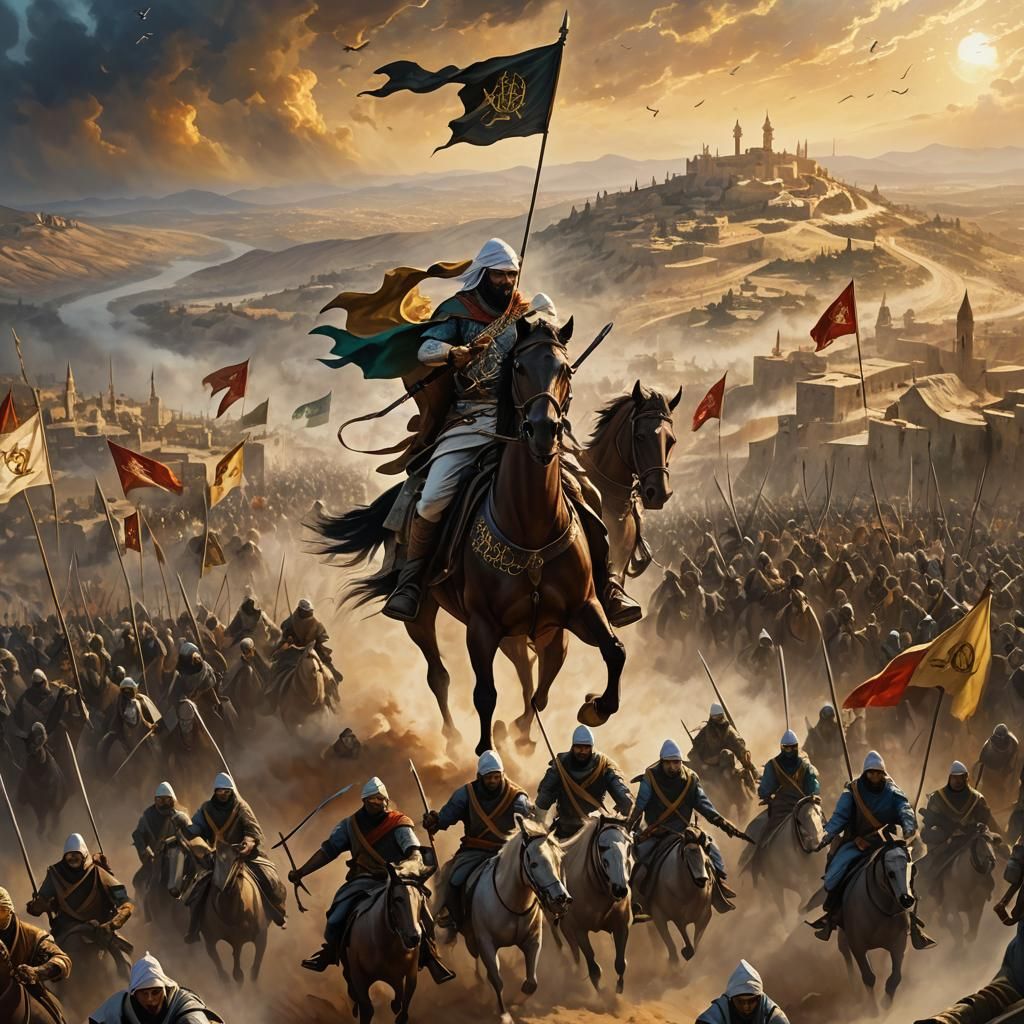 Muslim Cavalry Charge Toward Jerusalem: Epic Fantasy Art
