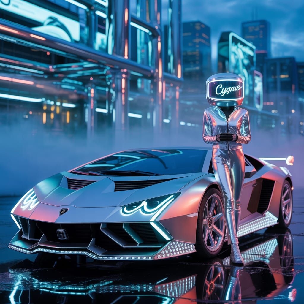 Futuristic Diamond Lamborghini with Cyborg in Cyberpunk City...