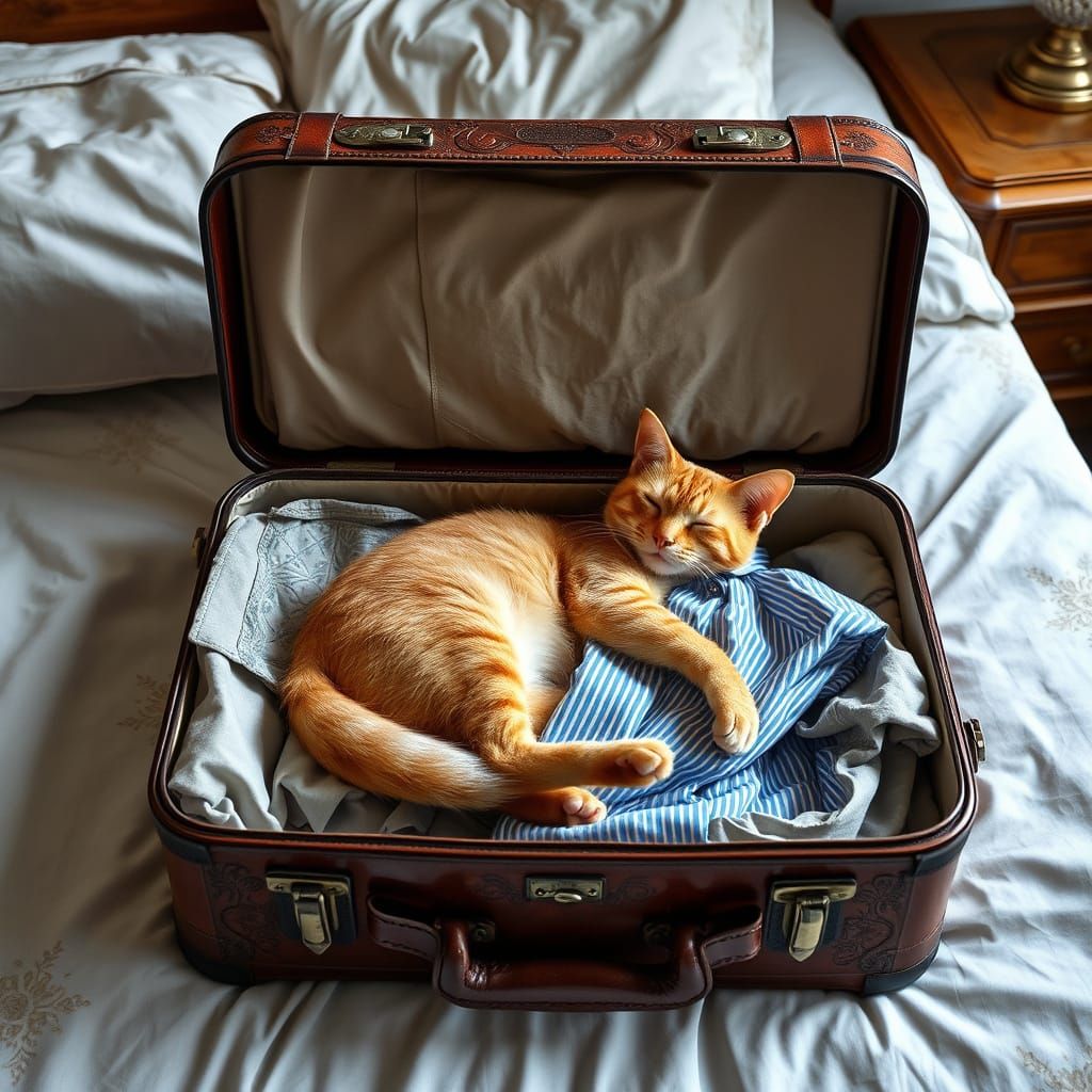 Ginger Cat Sleeps in Opulent Suitcase