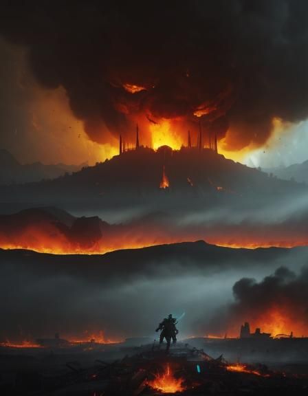 Hercules Battles Demons in War-Torn Landscape