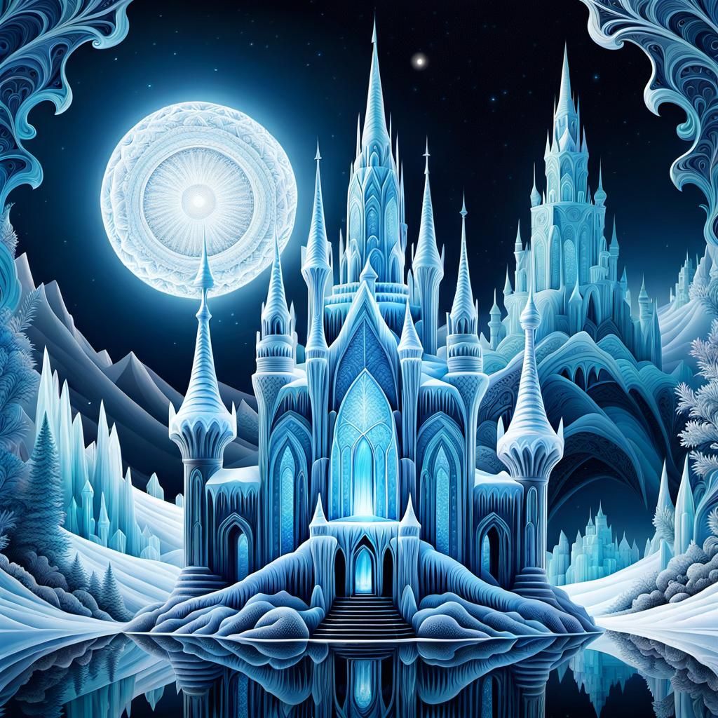 Majestic Ice Castle in Cosmic Holographic Illustration