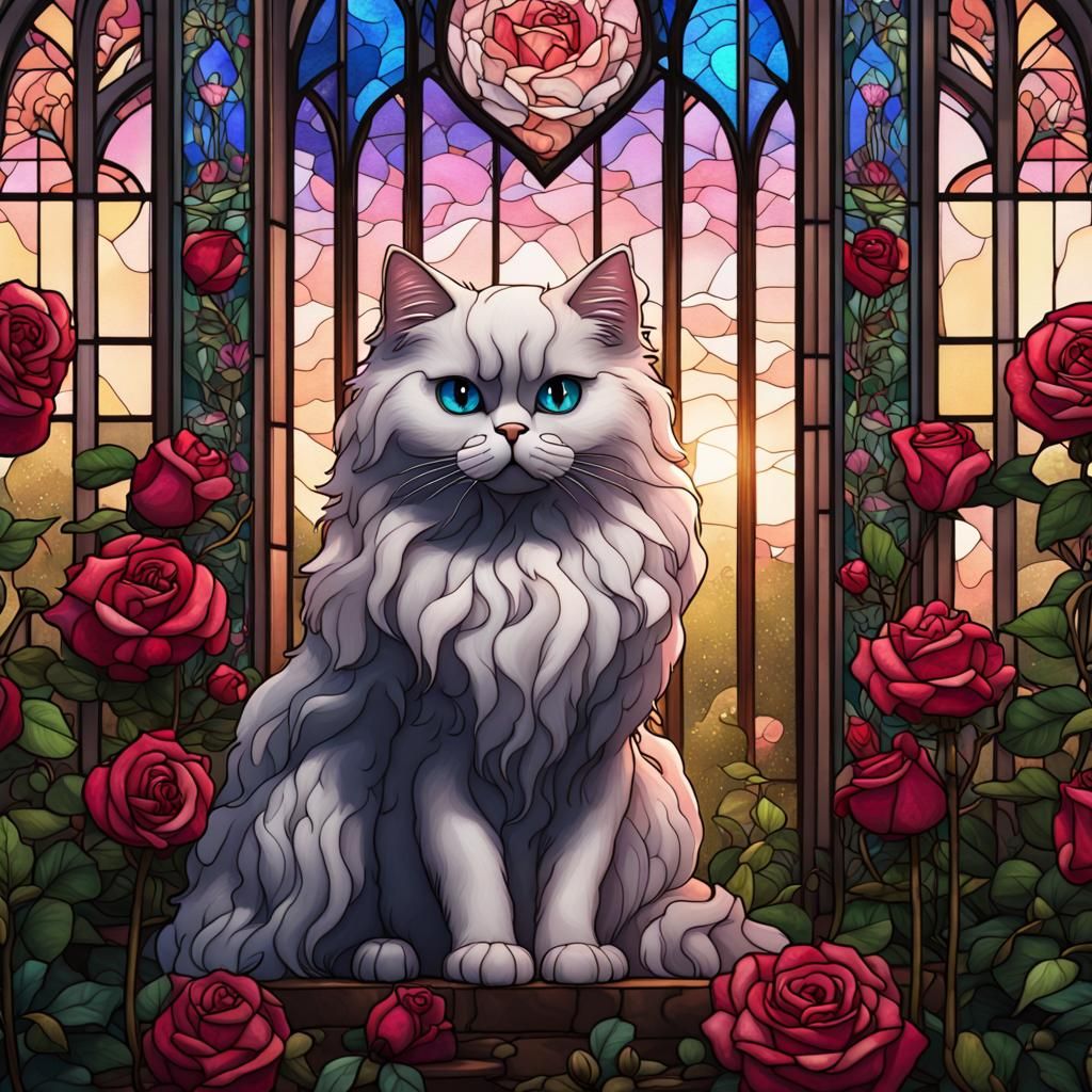 Stained Glass Persian Cat in Rose Garden