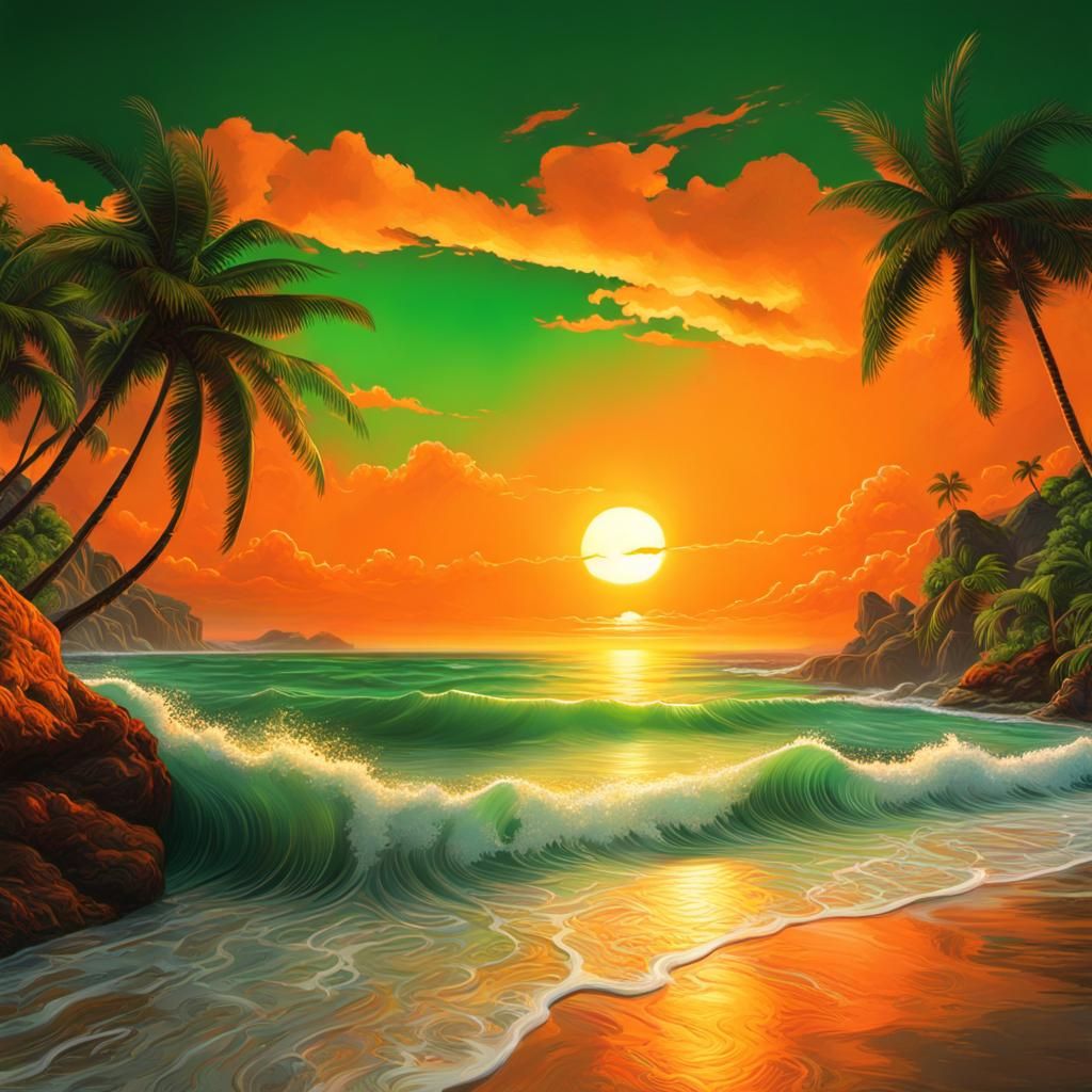 Beach Sunset with Orange and Green Sky