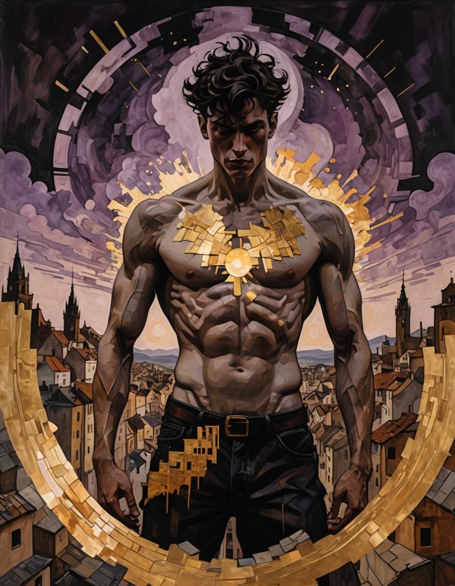 Surreal Sun God in Pixelated Landscape