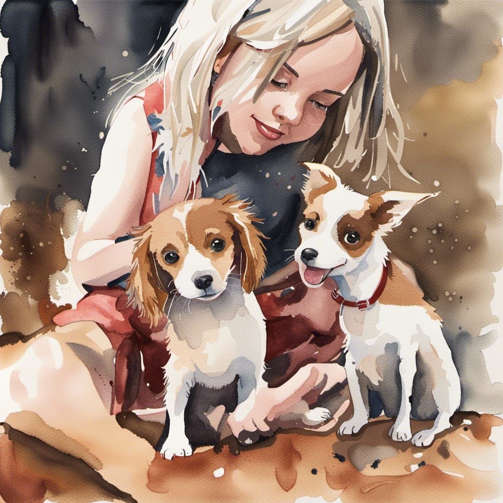 Watercolor Painting of Playful Scene with Dog