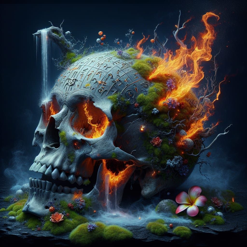 Skull with Fire Runes and Waterfall