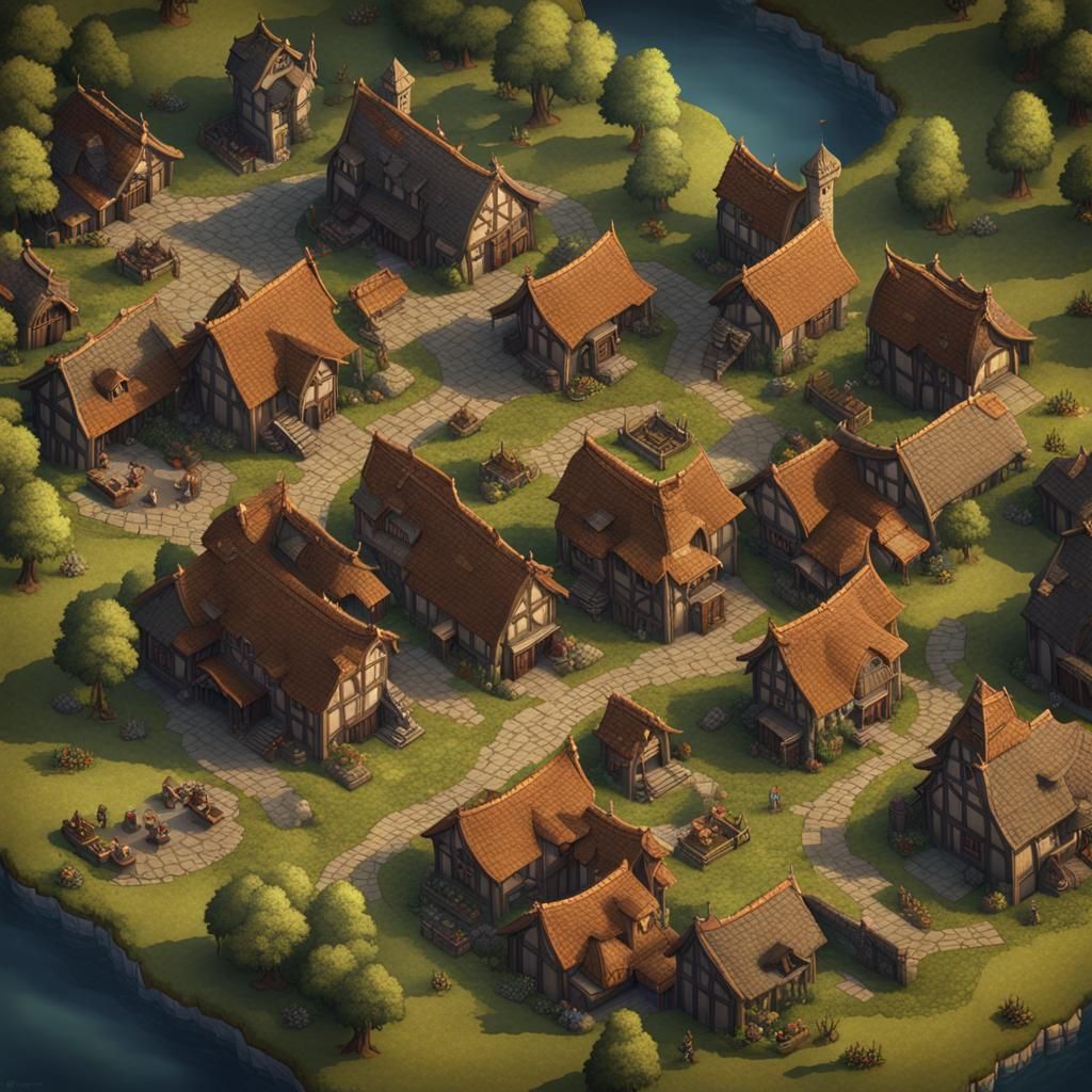 Fantasy Medieval Village Map: Top-Down Aerial View