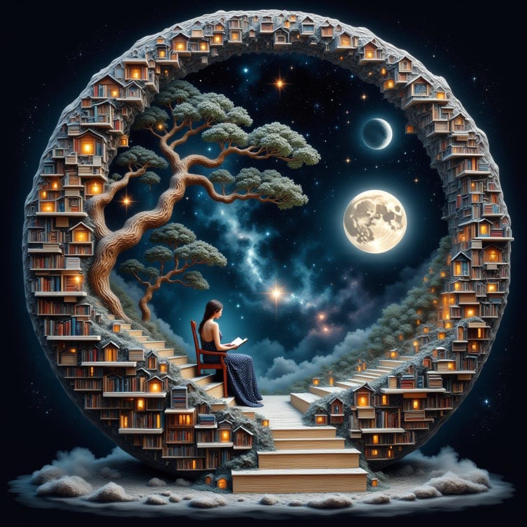 Surreal Lunar Library Scene in Whimsical Style