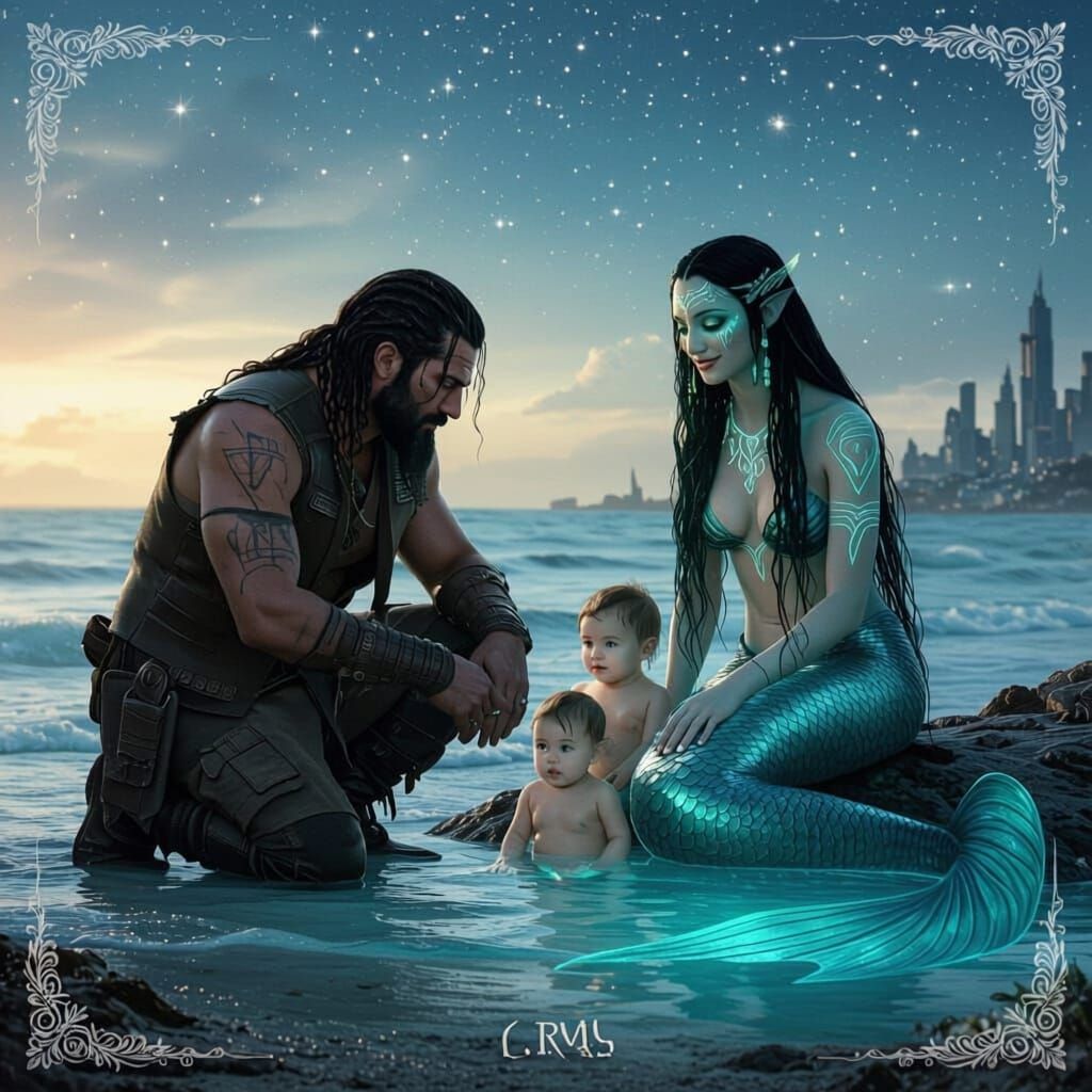 Post-Apocalyptic Shoreline with Mermaid Family Under Starry ...