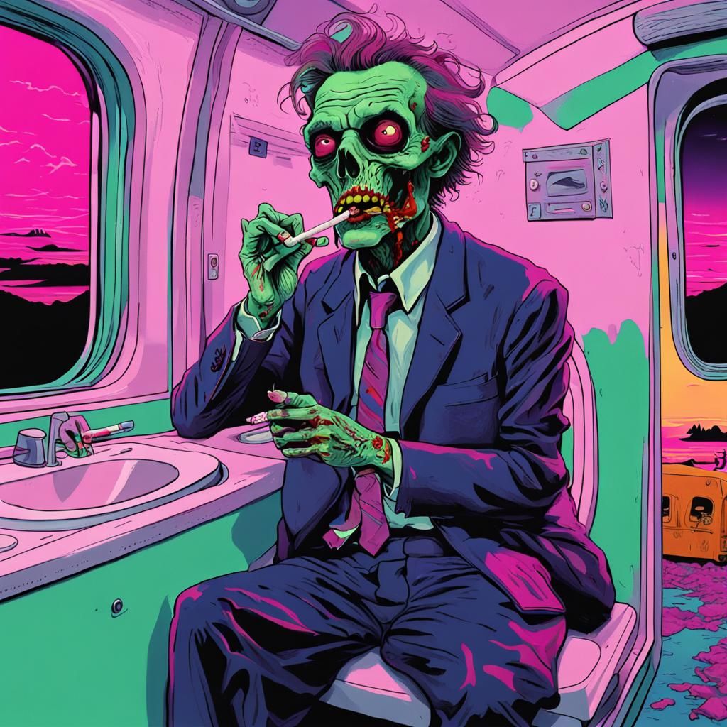 Vaporwave Zombie Smokes in Airplane Bathroom