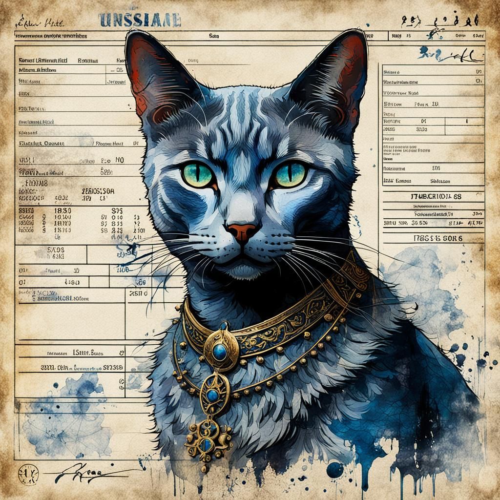 Russian Blue Cat Illustration on Vintage Invoice
