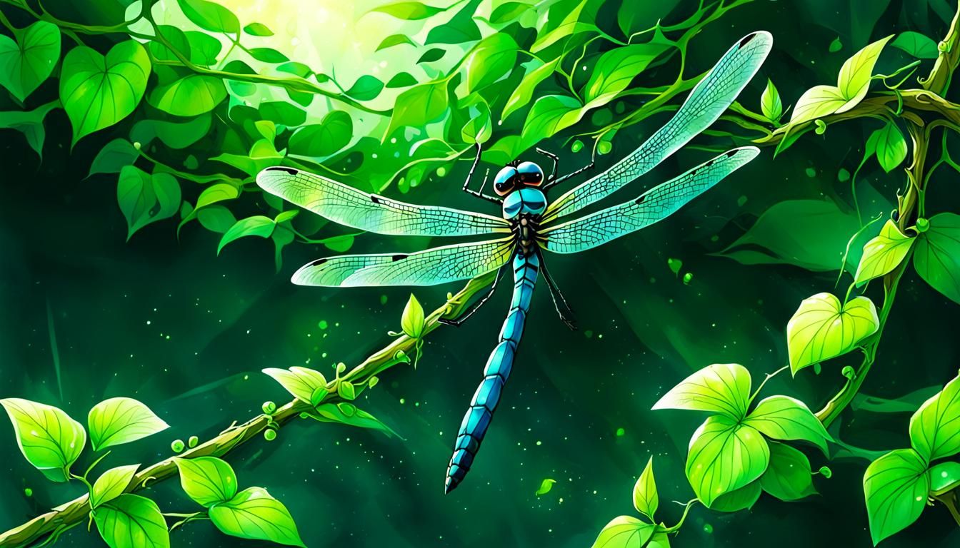 Dragonfly on Vine in Anime Key Visual Style