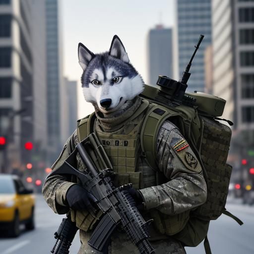 Husky Soldier Patrolling War-Torn City Street