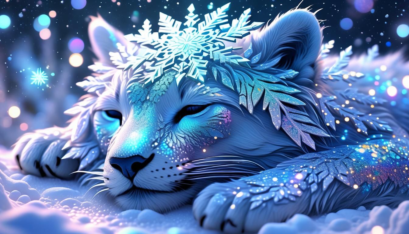 Magical Landscape with Glittering Snowflakes and Sleeping Cr...