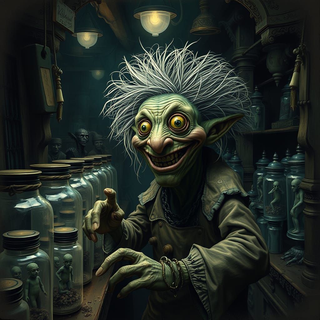 Alien Vendor's Mystical Market Stall in Baroque Style