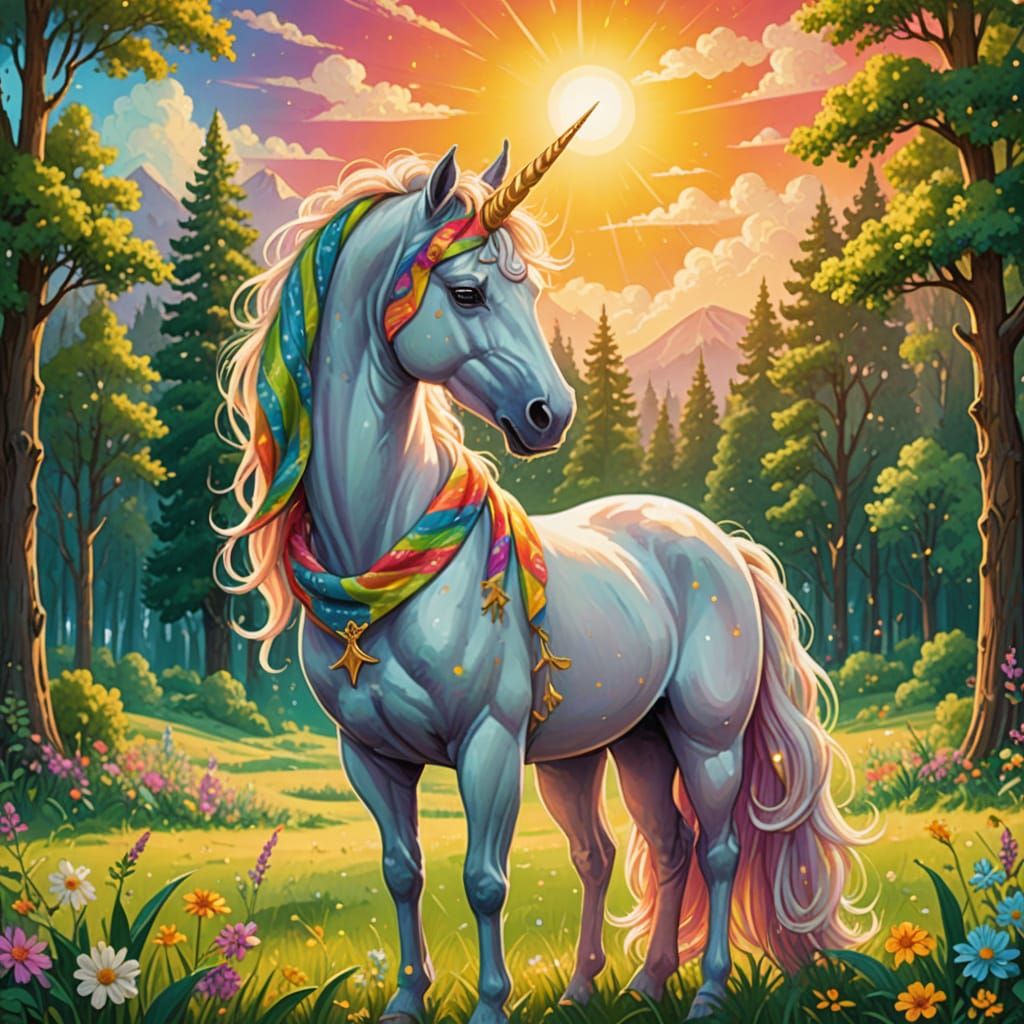 Majestic Unicorn in Sun-Dappled Meadow, Whimsical Style