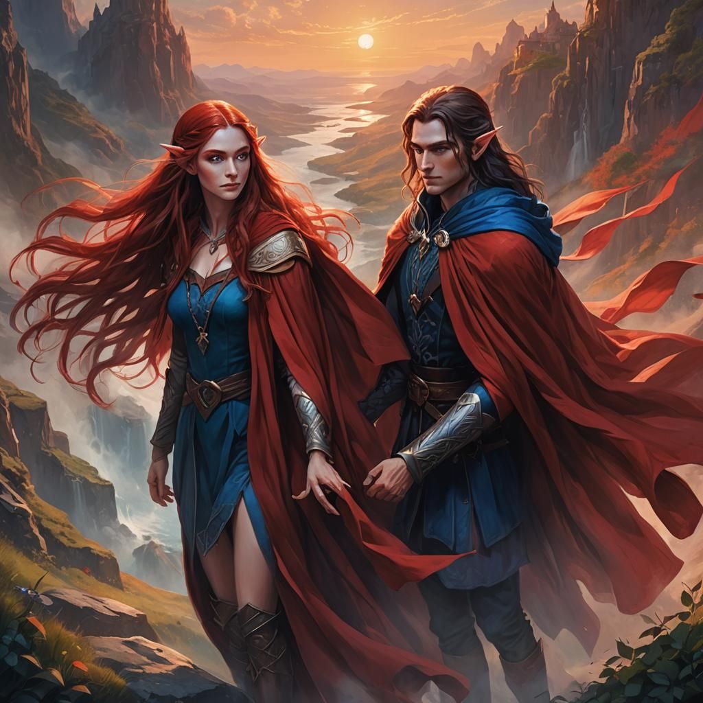A female elf who has reddish brown long hair, blue eyes, is wearing red clothing and is holding the hand of a tall male ...