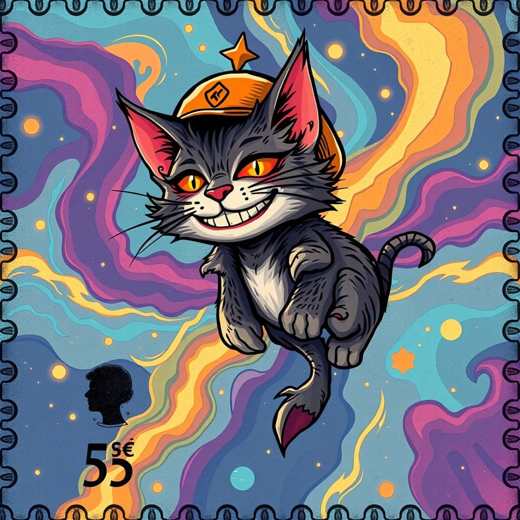 Cosmic Cheshire Cat in Vintage Postal Hat