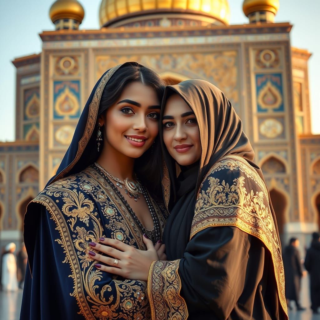 Royal Woman Embraces Iranian Woman at Imam Reza Shrine