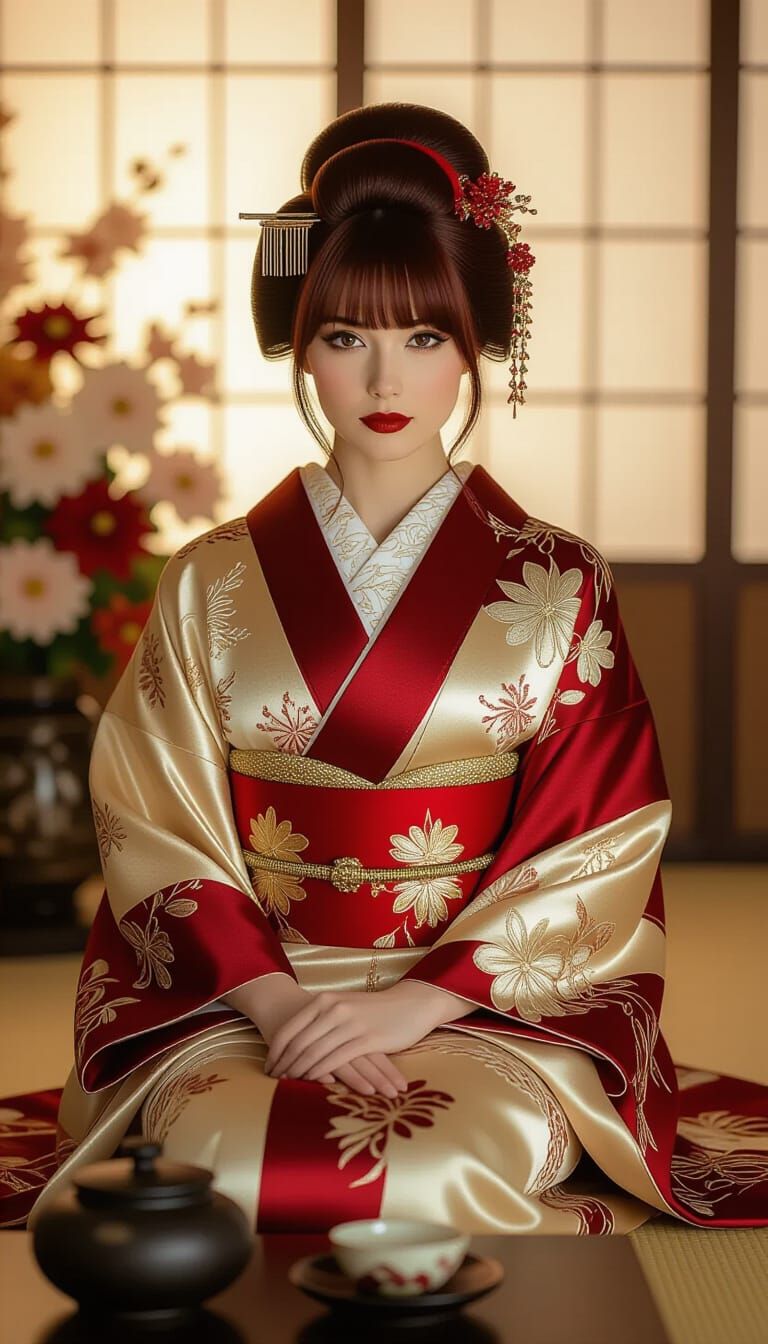 Elegant Woman with Burgundy Hair in Kimono