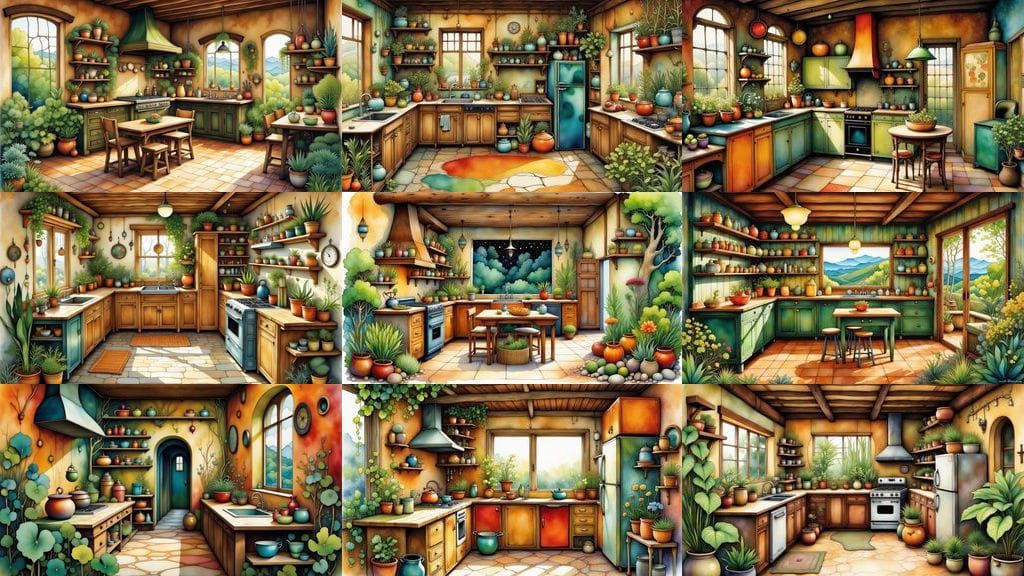 Inviting 1970s Adobe Kitchen in Liquid Ink Style