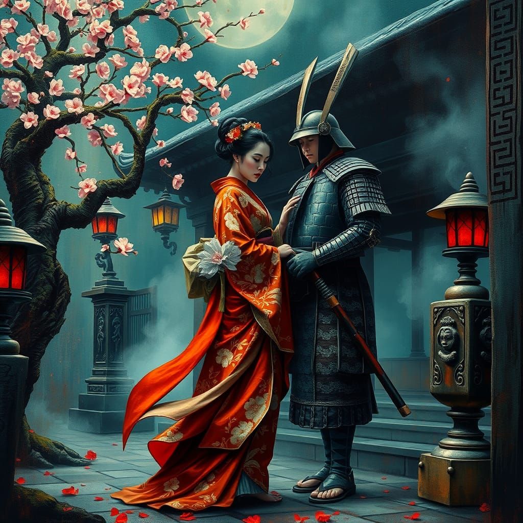 Geisha and Samurai in Surrealist Temple Courtyard