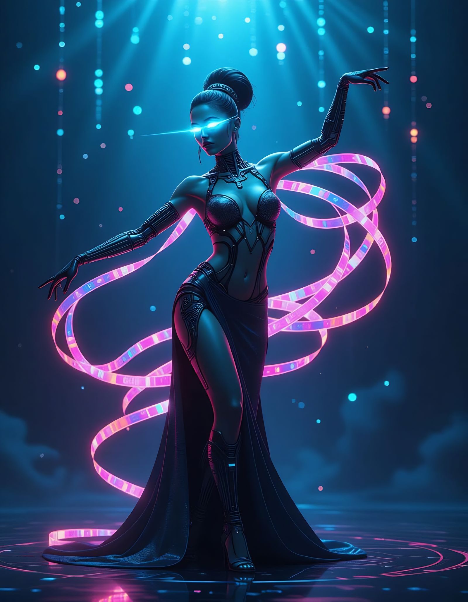 Cybernetic Dancer in Bioluminescent Cyberpunk Performance