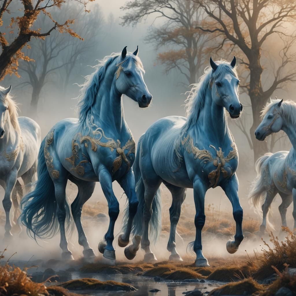 Blue Horses in Dreamlike Landscape: Fantasy Concept Art