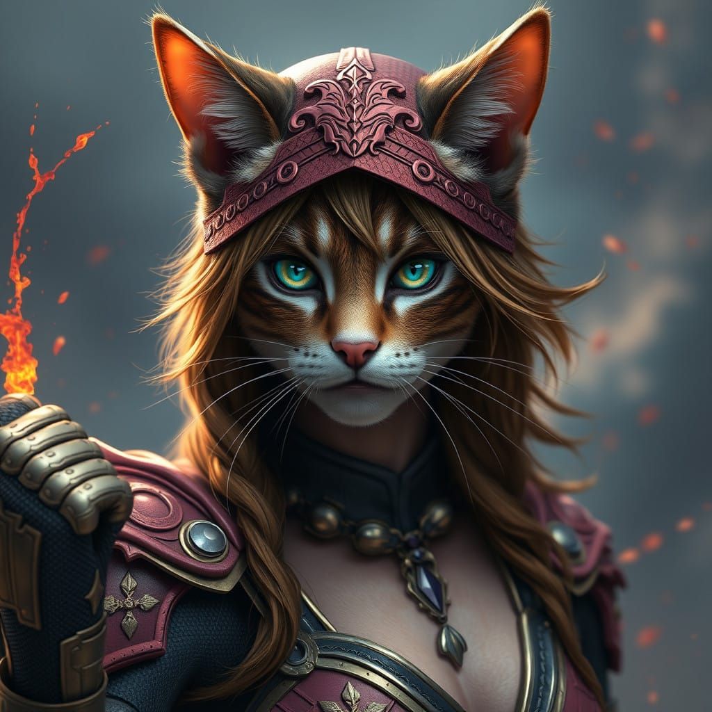 Fantastical Cat Woman Heroine in Vibrant Matte Painting