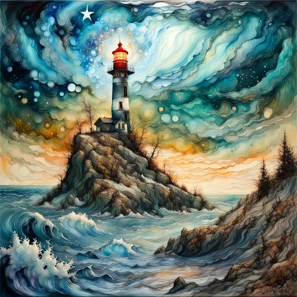 Encaustic Lighthouse Dreamscape under Starry Night
