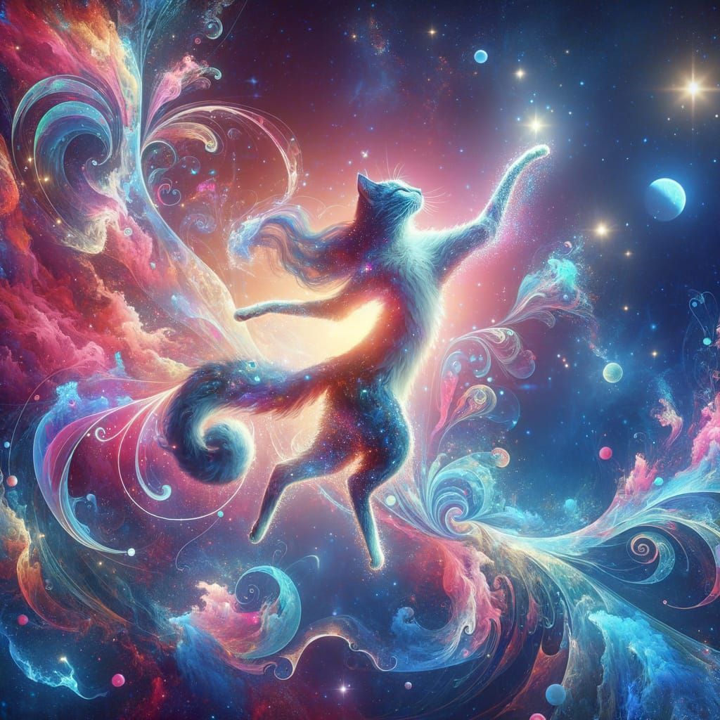 Cosmic Cat Dance: Holographic Surrealist Illustration