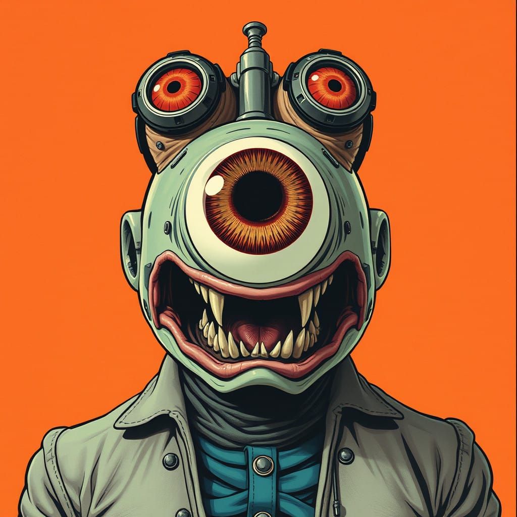 Retrofuturistic Mutant Creature with Giant Eye and Teeth